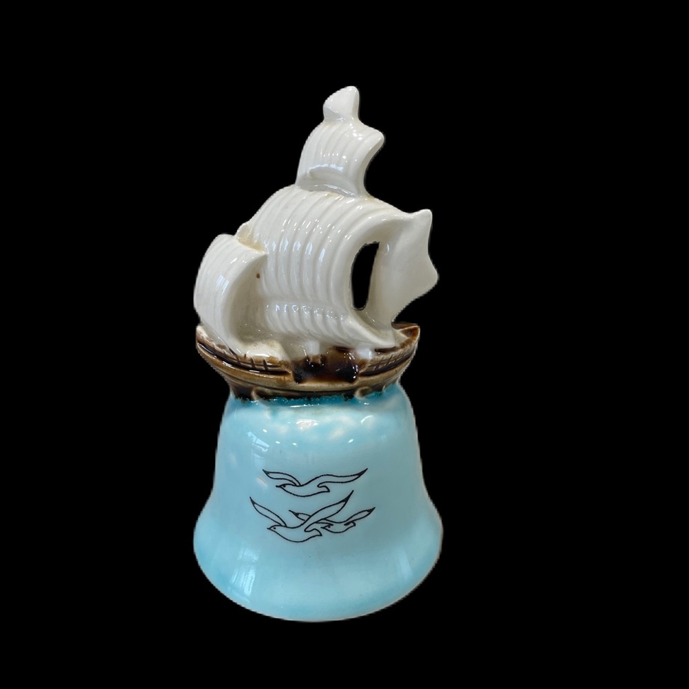 Vintage Sailing Ship Light Blue Glaze Seagull Ceramic Bell Made in Japan 5 inch